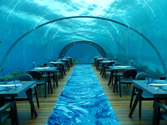 The underwater restaurant is an all-glass, dome-shaped structure with a hardwood floor; there is virtually no obstruction between diners and the sea. It is elegant and minimalistic, and it seats 20 people max.