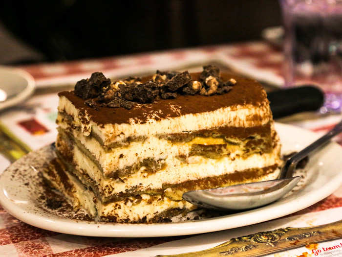 We finished up our meal with a family-sized serving of tiramisu ($18), or as Olive Garden would call it, espresso cake lasagna.