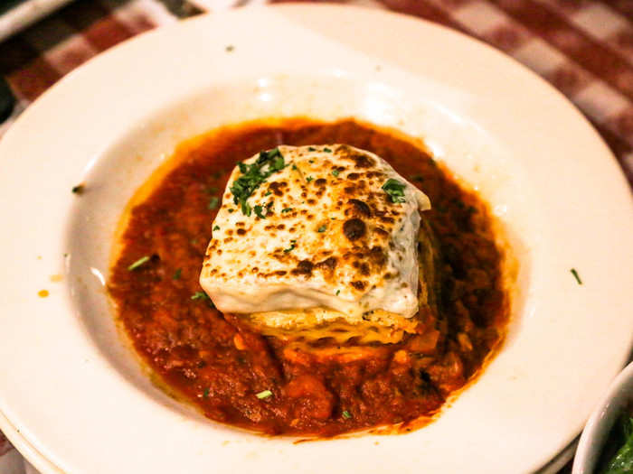 The lasagna ($15) was a different story. It came with a thick hat of mysterious white stuff we assumed was cheese.