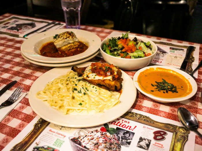 After a while, the waiter came out with our soup and salad, lasagna, and chicken parm with fettuccine alfredo.