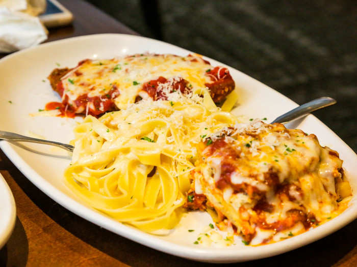 Finally, our Tour of Italy ($26.79) arrived: chicken parmesan, alfredo pasta, and lasagna.