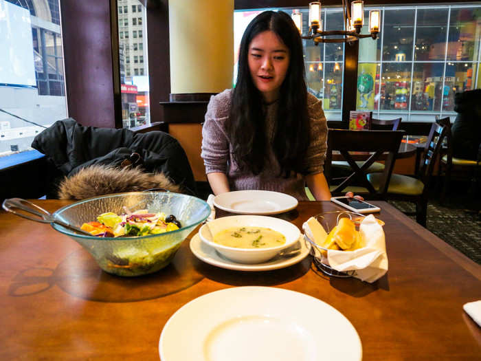 Our soup, salad, and breadsticks came out first. They looked kind of sad. But before we could say "soggy," our appetizers came out, too.