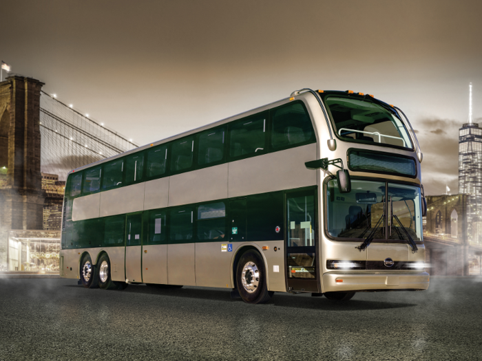 The double-decker is 45 feet long, 8.47 feet wide, and 13.35 feet tall.