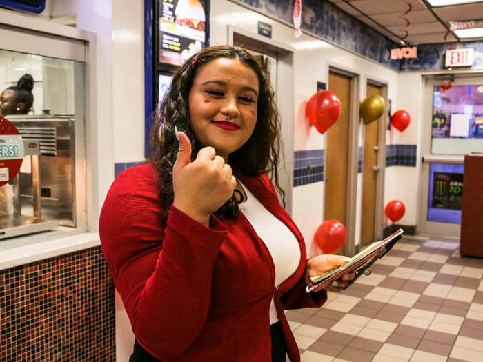 I was led to my seat by employee Elysia "Elly" Vega, a high school senior. It was her first time working at White Castle on Valentine