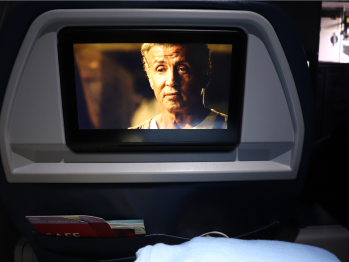 The in-flight entertainment screens were larger in first-class than economy and made for a nice viewing experience when watching the newest Rambo movie. It felt like I was in one of those movie theaters with reclining chairs.