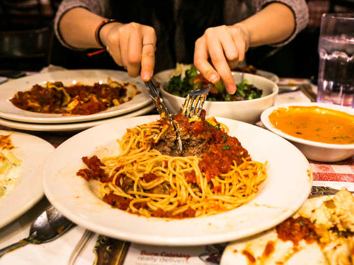 It was topped with red sauce and the biggest, juiciest meatball I had ever seen.