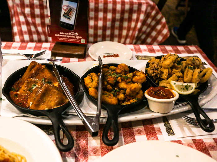 We ordered an insane amount of food, but we started with the customizable Buca Trio appetizer platter. We chose calamari, spicy shrimp, and mozz sticks.