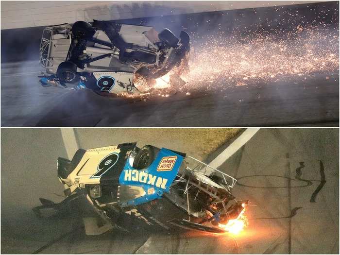 As Newman landed and skidded along the tarmac his car set alight.