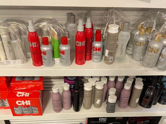 Much like competitors like Nordstrom Rack, shelves near the register are lined with impulse buys, like these hair products.