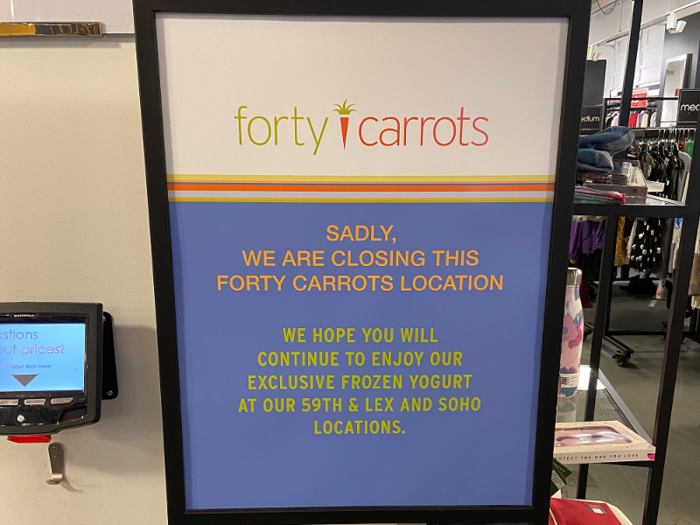 Once we secured the socks, we made our way to the register, where we saw this sign announcing the recent closure of the Forty Carrots ice cream bar.