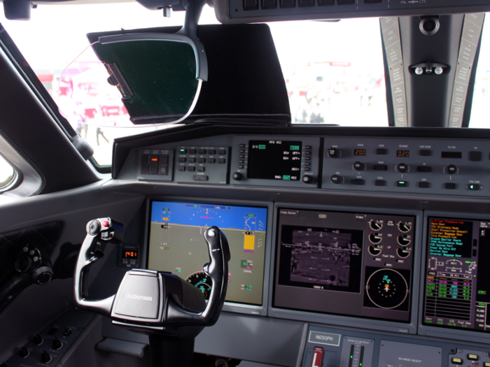 The cockpit of the G650ER, exterior cameras and sensors allow for pilots to see through the clouds with synthetic vision and a heads-up display similar to that found in military aircraft, making it one of the most technologically advanced private jets in the sky.