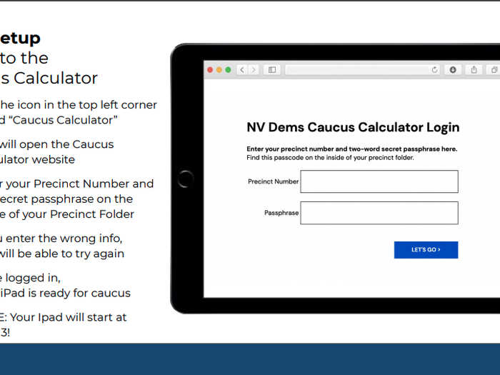 Even more detailed instructions for opening and logging into the Caucus Calculator follow.