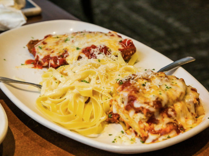 Finally, our Tour of Italy ($26.79) arrived. It included chicken parmesan, alfredo pasta, and lasagna.