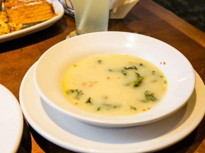 The zuppa toscana had a quite unusual look for an Italian soup. It was not creamy at all, and it had giant potato chunks in it.