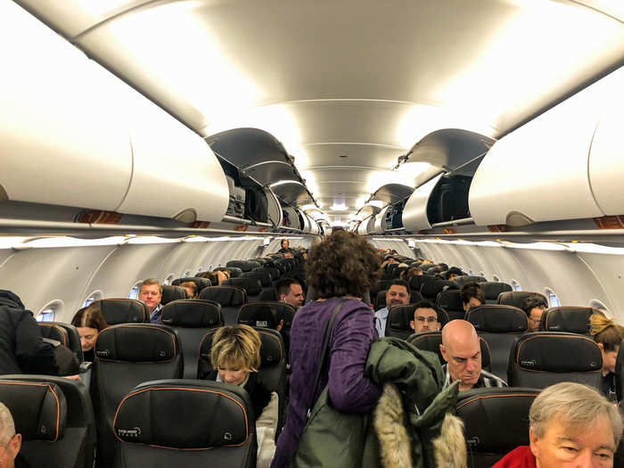 Some airlines like JetBlue Airways also board their aircraft back to front, meaning that those in the rear rows get on first and have first dibs to overhead bins.