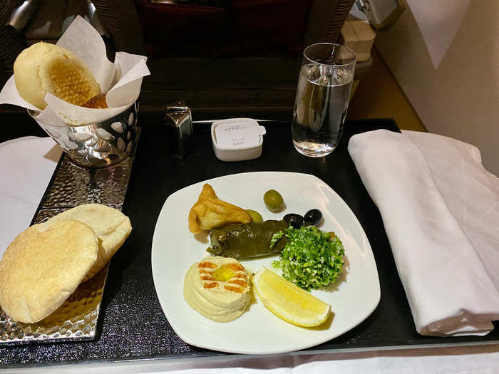 Dinner was served shortly after that. I opted for the Arabic mezze platter to start, which was sublime. The stuffed grape leaf was probably my favorite, but everything was great, including the surprisingly fresh pita.