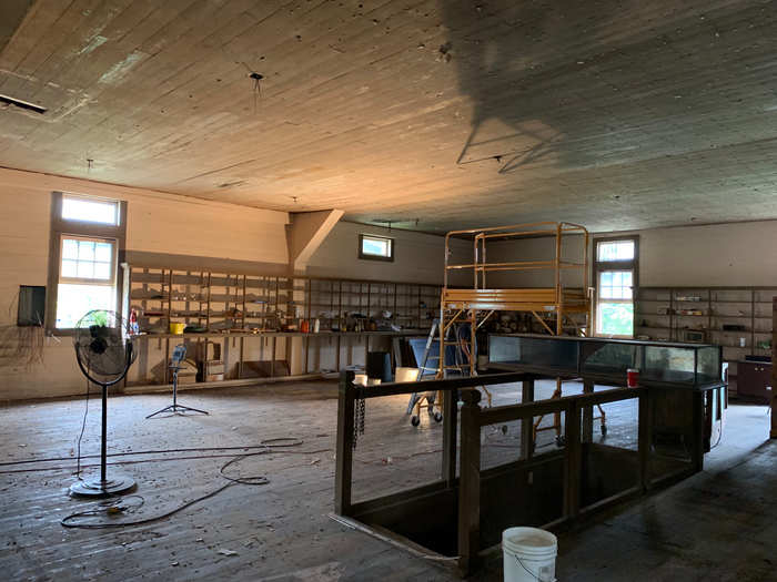 The wooden shelves that had previously been used to display the store