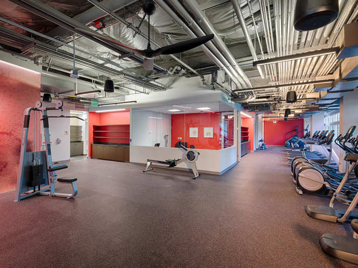 The salt mine theme even extends into the fitness center, which has a map of the Bay Area on one wall, and seating areas that are shaped like salt outcrops.