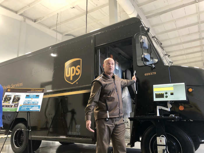 Delgado, who has worked for UPS for 22 years, demonstrated how this works. When he exited the truck without three points of contact, the pressure plate measured 509 pounds of force.