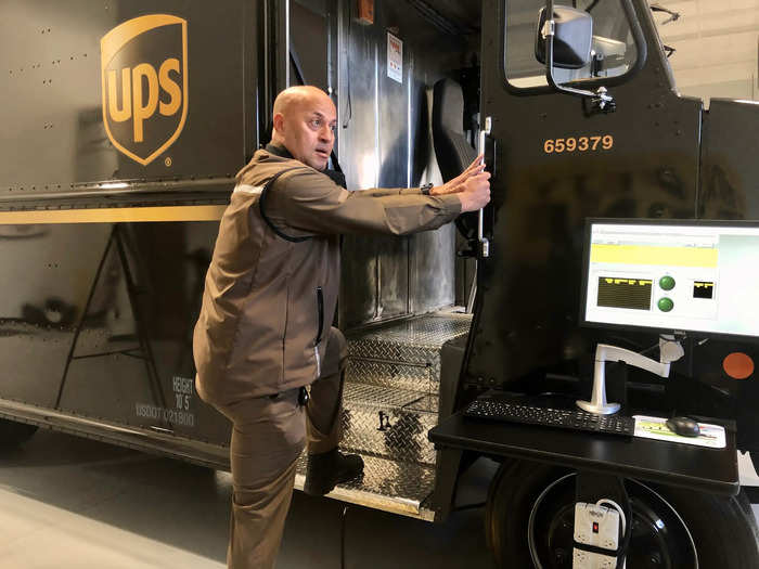 UPS teaches students to evenly distribute their weight using three points of contact when entering and exiting a truck or climbing stairs.