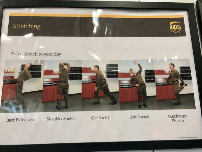 Nearby, I spotted this poster displaying suggested stretches for drivers. Drivers at many UPS delivery centers do yoga and meditation or stretch in morning meetings together before their shifts, according to the company.