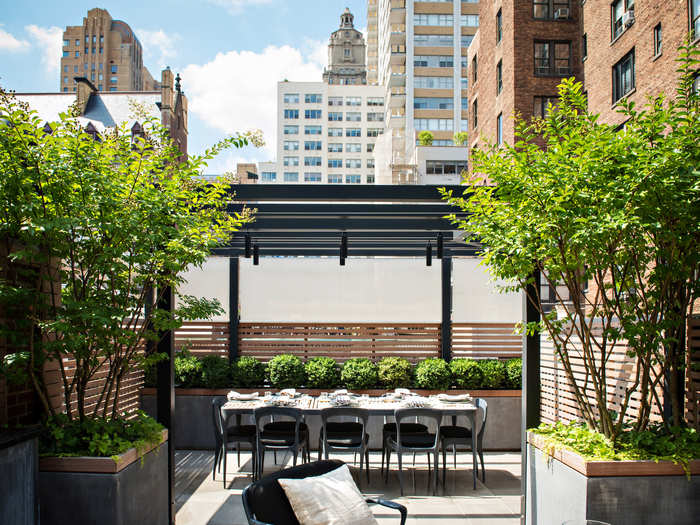 The south-facing terrace, which was also renovated, includes an outdoor dining space with room for up to eight people, a kitchen, and various lounge areas.