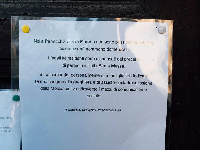 Posters have been put up around town to inform the residents that mass is canceled. The town