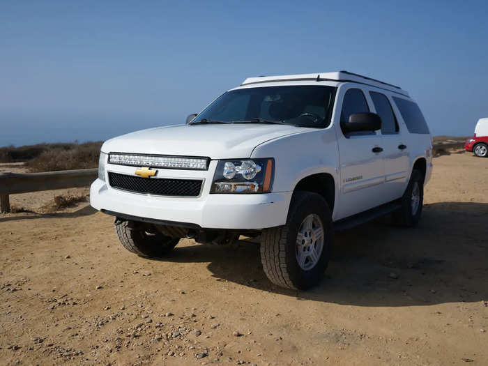 He claims the vehicle has the "driveability" and easy access of an SUV while still having an off-roading system. It has a 5.3-liter V8 engine and can shift between two-wheel-drive and four-wheel-drive.