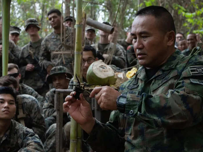 During the training, Marines learn valuable skills, specifically how to live off the land. This includes learning how to build a fire, learning what plants and animals are dangerous, and learning what is safe to eat and drink, the essentials should a Marine wind up alone in the jungle.