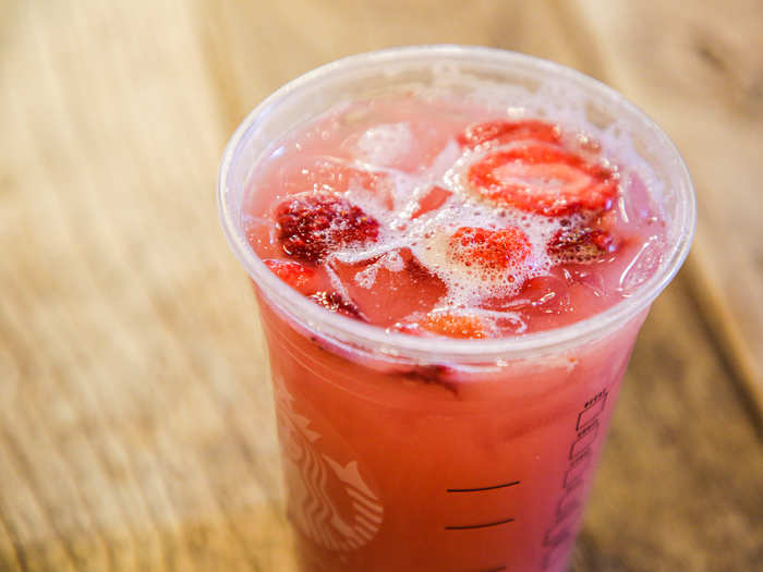 To order, add strawberry infusion, light coconut milk, a scoop of strawberries, and two Stevia or Splenda to an unsweetened Passion Tango Iced Tea (add-ons cost $0.50).