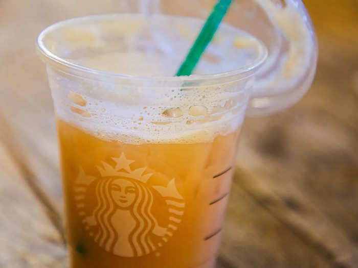 To order, add peach tea and a splash of soy milk to a half-sweet black tea lemonade (add-ons cost $0.80).