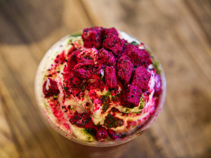 To order, add vanilla and hazelnut flavoring to a Strawberry Frappuccino, then ask for strawberry purée at the bottom. Finally, top half of the whipped cream with matcha powder and the other half with crushed dragon fruit (add-ons cost $0.50).