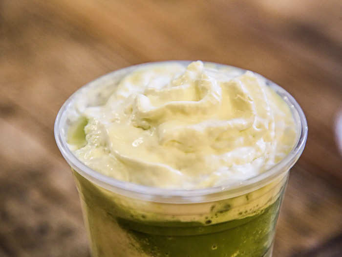 To order, add peppermint syrup (one pump for tall size, two for grande, three for venti) to a Matcha Green Tea Crème Frappuccino, then ask for a layer of whipped cream on the bottom and another on top. There