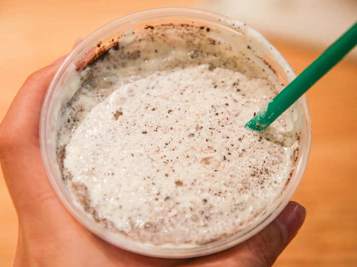 To order it, get the Double Chocolate Chip Frappuccino blended with white mocha sauce and top it with your choice of chocolate or regular whipped cream. I chose the latter because there was no add-on fee.