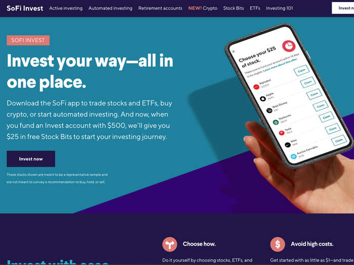 SoFi Invest is another app for trading stocks and ETFs with no fees, although there are fees associated with trading cryptocurrency and other services.