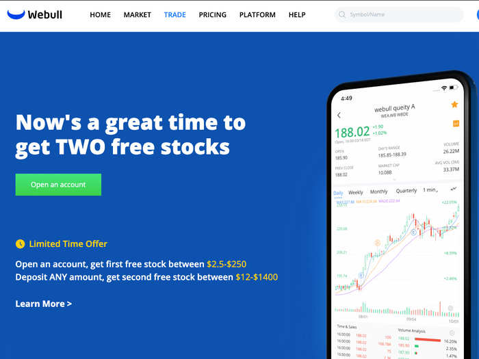 Webull is another zero-commission trading app, and it offers a free stock when you open an account.