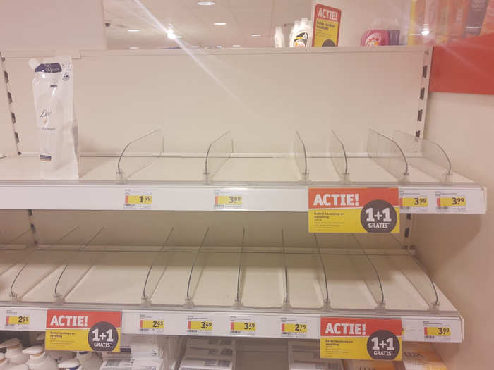 In the Netherlands, people are buying hand soap and sanitizer gel en masse, and retailers are restricting the amount you can buy online. Kruidvat in Amsterdam was one store where shelves were empty on a recent visit.