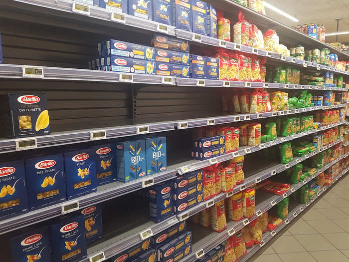 The Intermarché store next door had some boxes missing from the pasta shelves, but plenty were left for customers to buy.