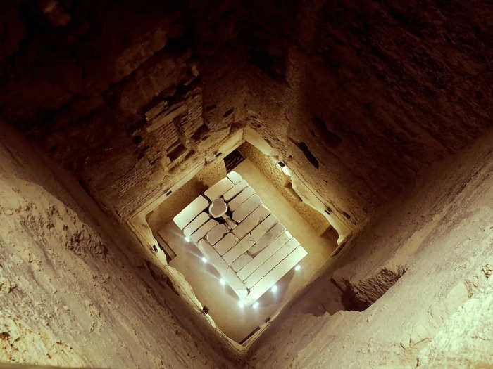 The burial chamber and sarcophagus of King Djoser, which is 90 feet below the surface, was open to the public. New lighting had been added during the restoration, but from up above it didn