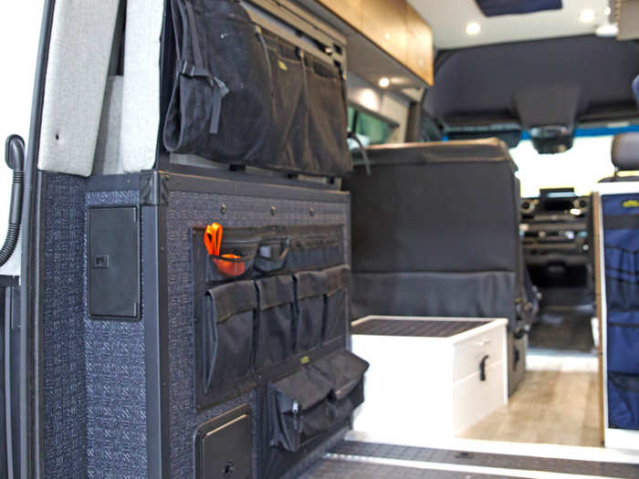 There are also interior custom "soft goods" storage options, such as equipment boxes and storage bags. Overhead storage units also run throughout the roof of the van.