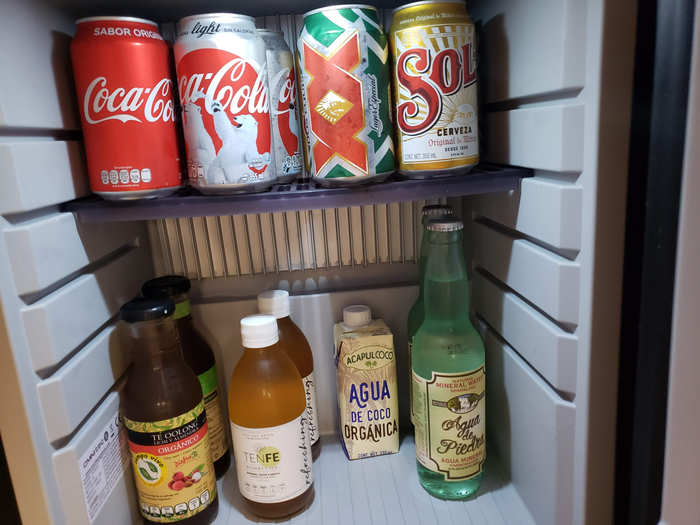 The resort is all-inclusive, so all mini-bar items were complimentary. I loved that high-ticket items like coconut water, iced tea, and kombucha — which you rarely see in an all-inclusive mini-bar — were included.