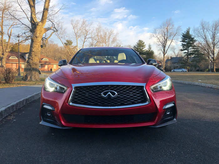 Infiniti loaned me a 2020 Q50 Red Sport 400, with all-wheel-drive, in a handsome "Dynamic Sunstone" paint job, a sort of deep red-orange.