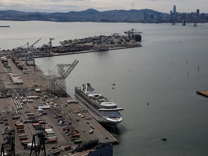 The ship docked in the Port of Oakland around noon on Monday. The two passengers in need of medical care loaded onto ambulances.