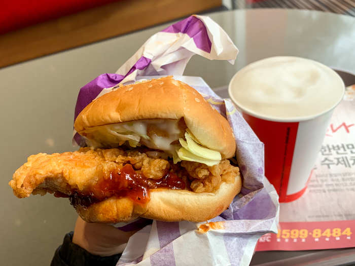 While I was visiting Seoul, KFC was heavily advertising a fried chicken sandwich topped with balls of fried cream cheese. Obviously, I had to try it.