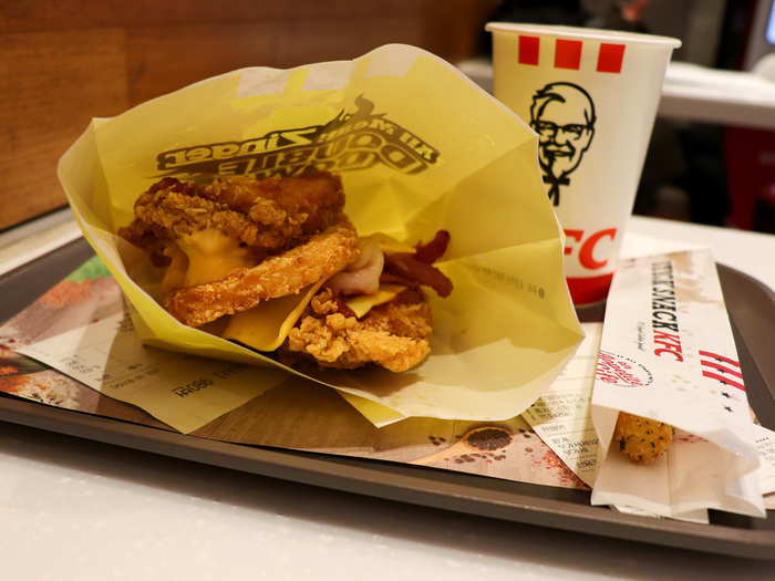 While the sandwich of sorts has been pulled from the US menu, it remains in South Korea in all its glory — bacon, cheese, and a hash brown sandwiched between two pieces of fried chicken.