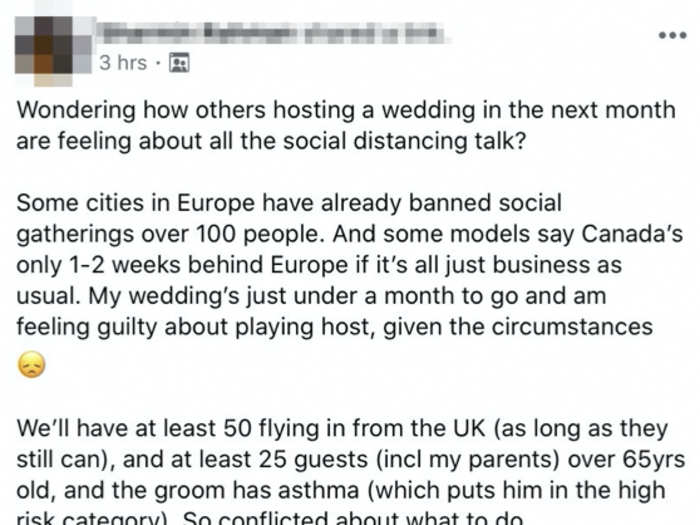 One wedding host mentioned uncertainty about whether a wedding planned for less than a month from now would still be able to include at least 50 guests flying in from the UK.