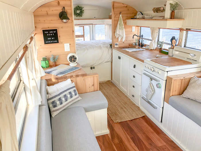 The countertops are butcher block and the cabinets are made of poplar wood. The floors are also real Acacia wood.