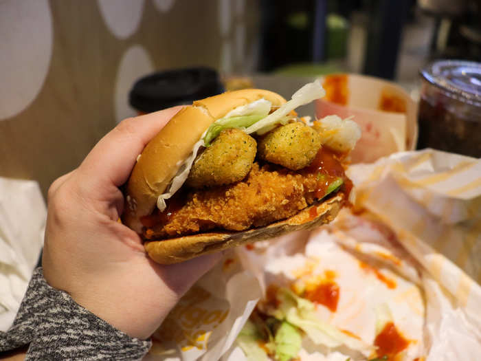 I had high hopes for the mozzarella-topped chicken sandwich, but was massively disappointed. The sweet, tomato-flavored sauce overwhelmed any other flavor, and the mozzarella quickly devolved into a rubber texture.