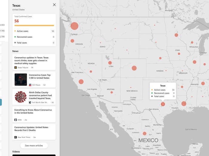 The map also includes a breakdown of cases for every US state.