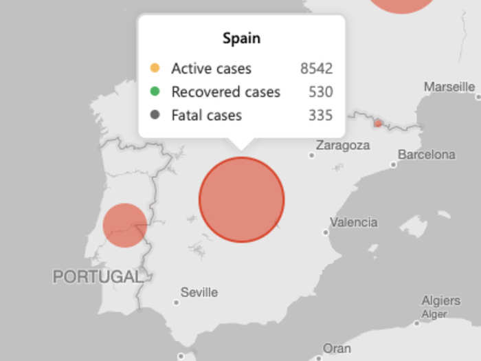 The map provides data on the number of active cases, recovered cases, and fatal cases for every spot on the map.